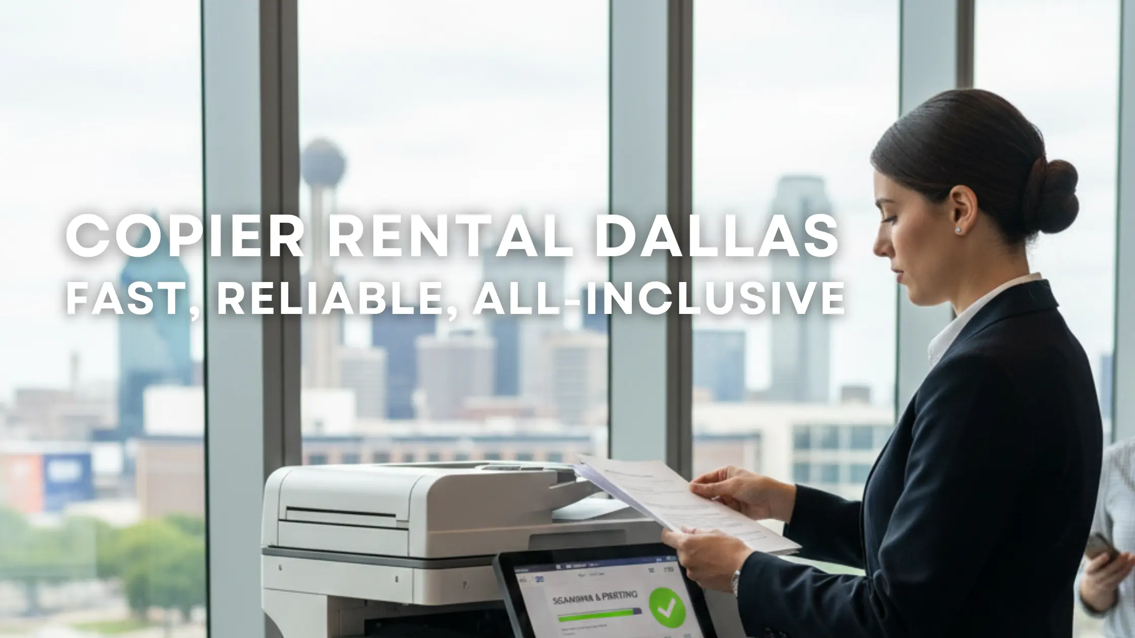 Professional using a modern copier in a temporary Dallas office or event space, highlighting speed, all-in-one functionality, and hassle-free rental benefits.