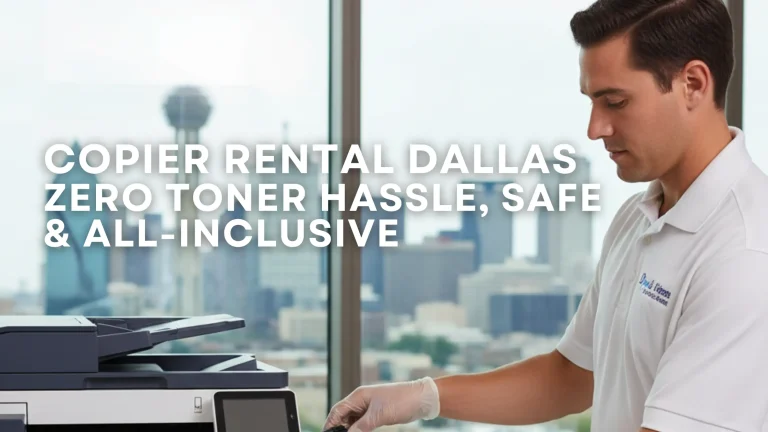 Technician handling toner safely for a Dallas office copier rental, highlighting a clean, hassle-free, all-inclusive service.