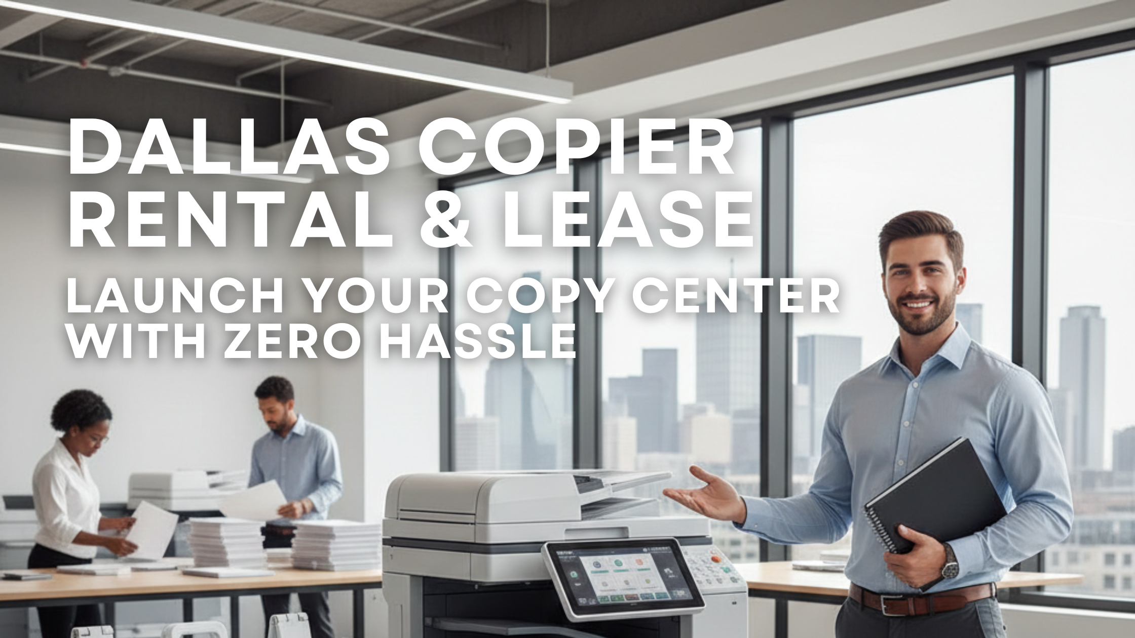 Entrepreneur managing a modern Dallas copy center using a commercial copier rental, highlighting efficiency, low capital investment, and professional setup.
