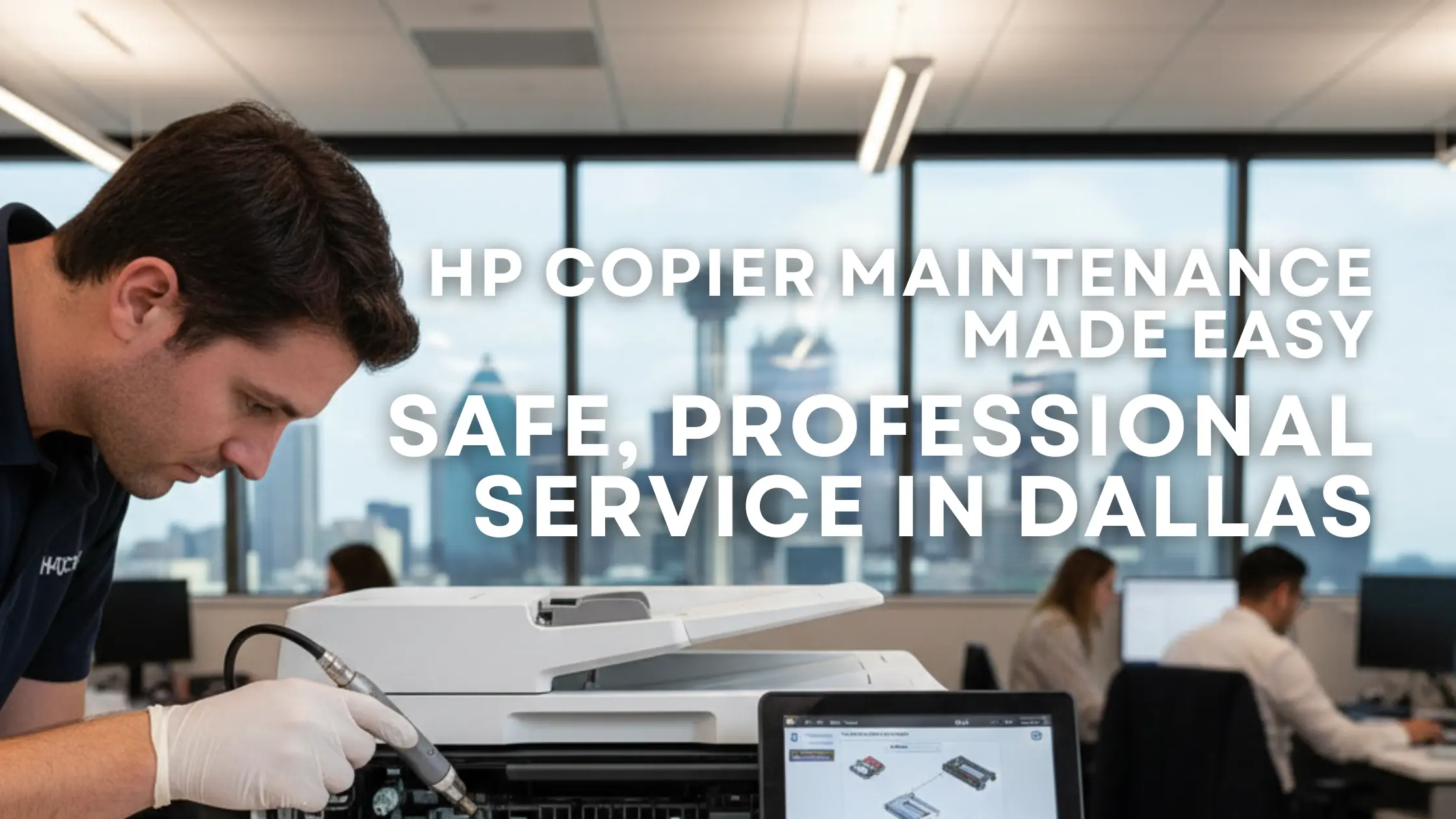 HP laser copier in a Dallas office, emphasizing professional maintenance of fuser and maintenance kit with certified technicians, highlighting safety and zero downtime.