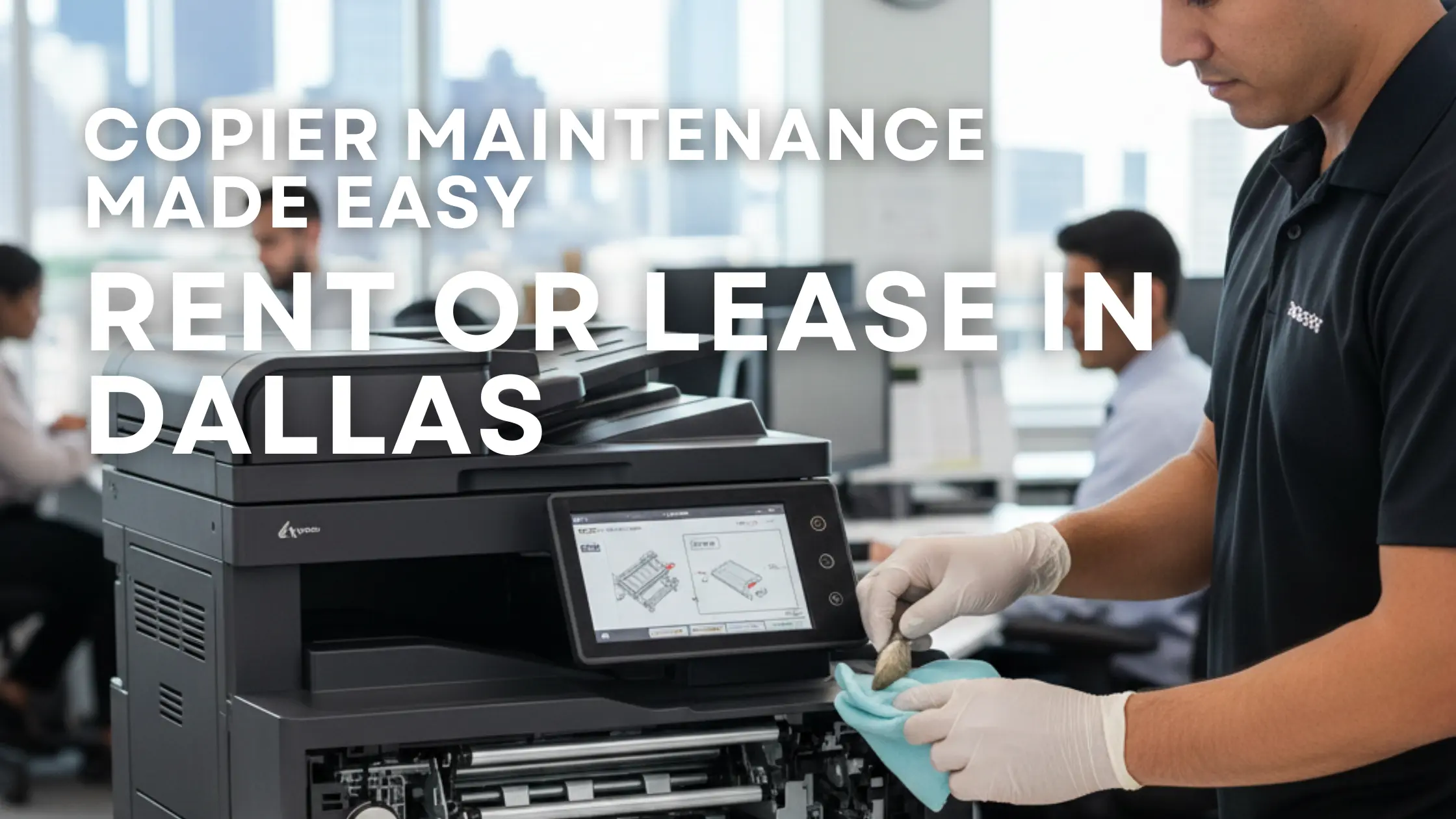 High-volume copier in a Dallas office with professional technician performing specialized maintenance, highlighting hassle-free rental and lease solutions.