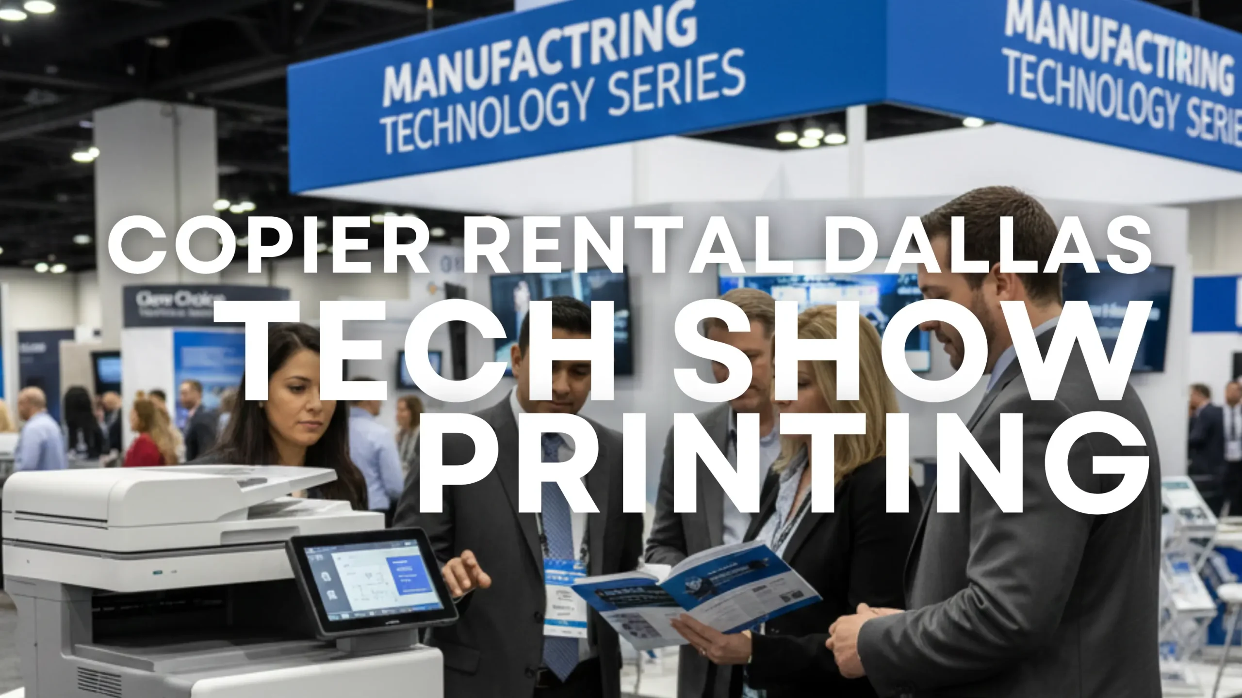 High-speed copier rental from Clear Choice Technical Services set up at a trade show exhibit, ready for high-volume printing for the Manufacturing Technology Series in Dallas, Texas.