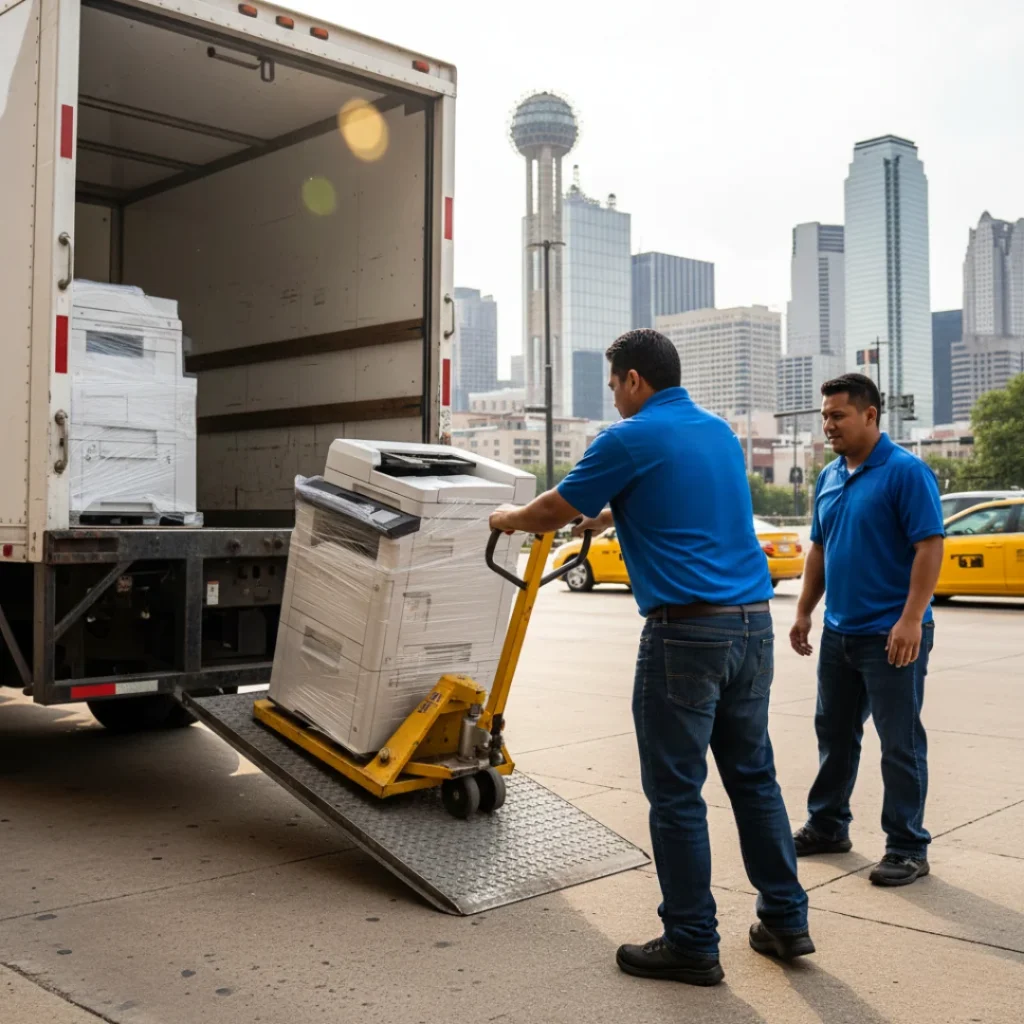 Professional delivery team unloading a rented office copier from a truck in downtown Dallas.