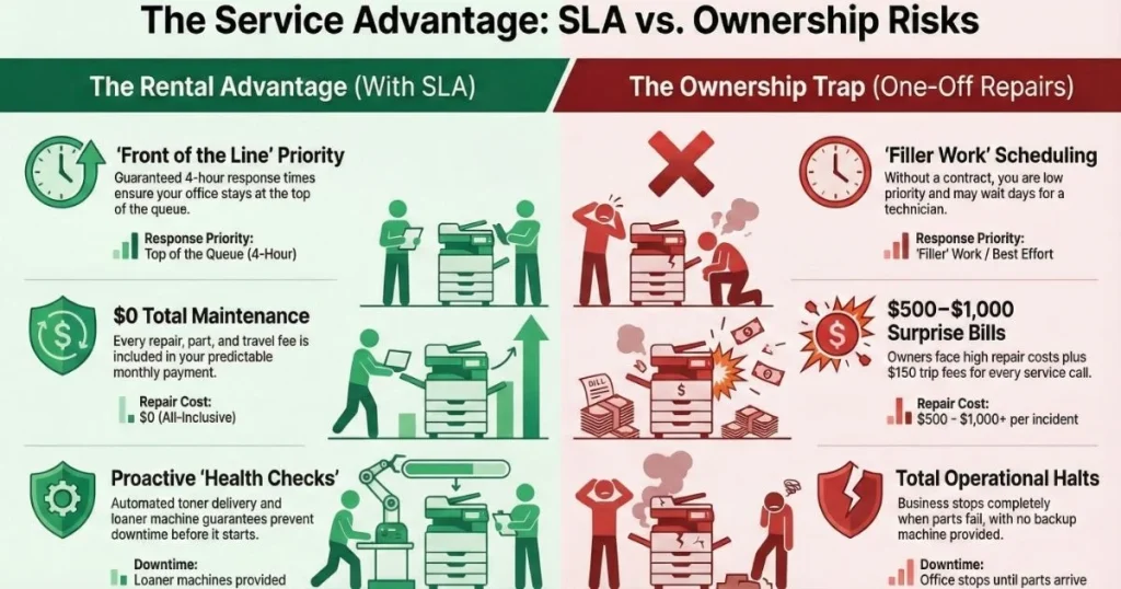 Comparison chart for Dallas offices showing rental benefits like guaranteed 4-hour response times versus ownership risks like $1,000 surprise repair bills