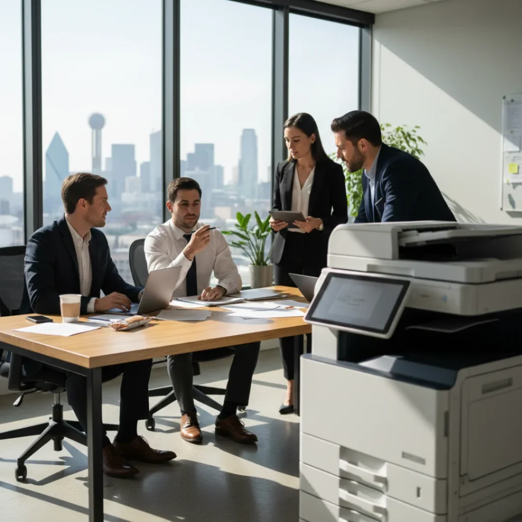 A group of business professionals in a Dallas office using a high-volume rented multi-function copier.