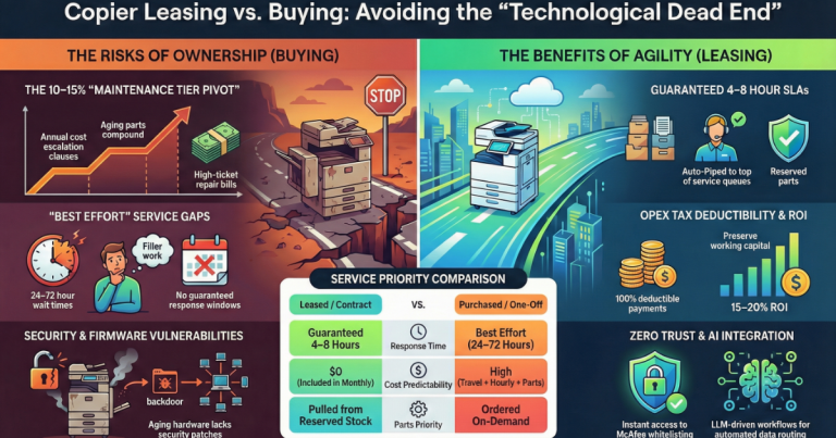 Infographic for Dallas businesses comparing copier ownership risks like 24-72 hour service gaps versus leasing benefits like guaranteed 4-8 hour SLAs.