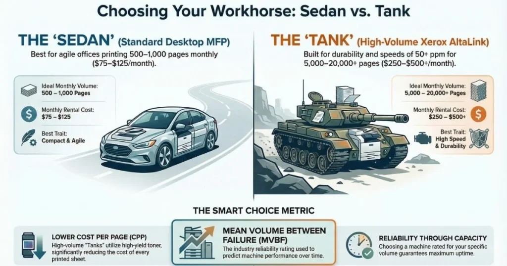 A visual comparison for Dallas business owners between compact desktop MFPs and high-volume Xerox AltaLink "tanks" based on monthly page volume.