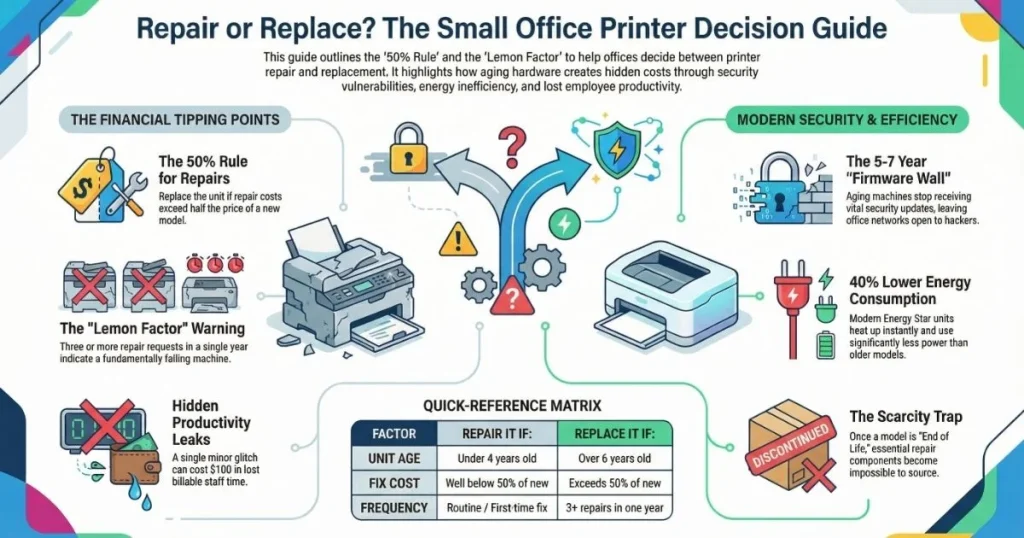 A financial tipping point matrix for Printer Repair in Dallas businesses, highlighting the scarcity trap and firmware security barriers.