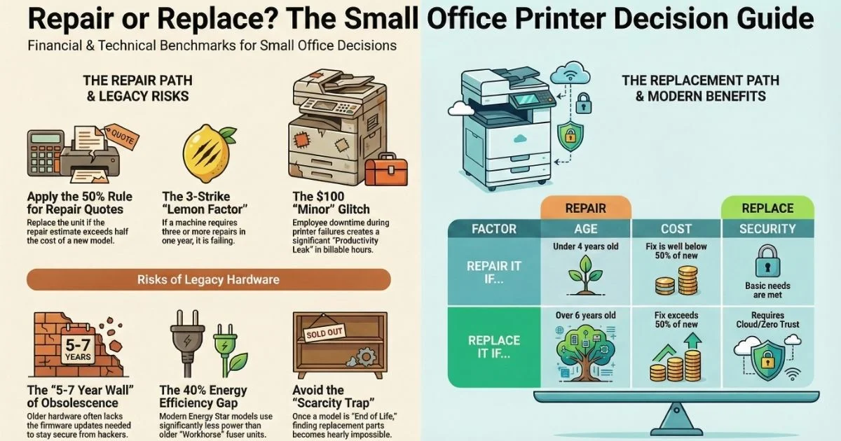 Visual guide for Dallas offices deciding on Printer Repair, featuring the 50% rule, 3-strike lemon factor, and legacy hardware risks.
