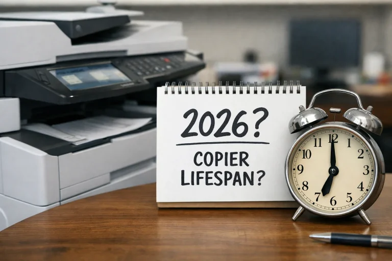 A desktop calendar and alarm clock next to an office copier questioning average machine lifespan for Dallas businesses in 2026.