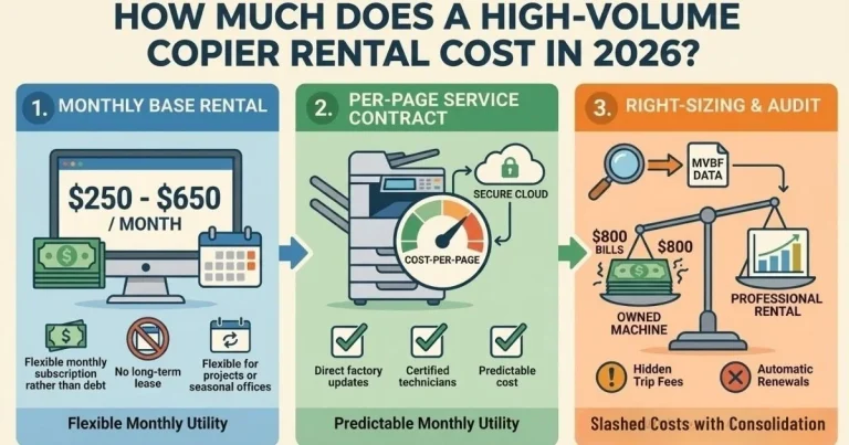 Infographic showing a Dallas Copier Rental Cost between $250 and $650 per month, featuring flexible monthly subscriptions and no long-term debt.