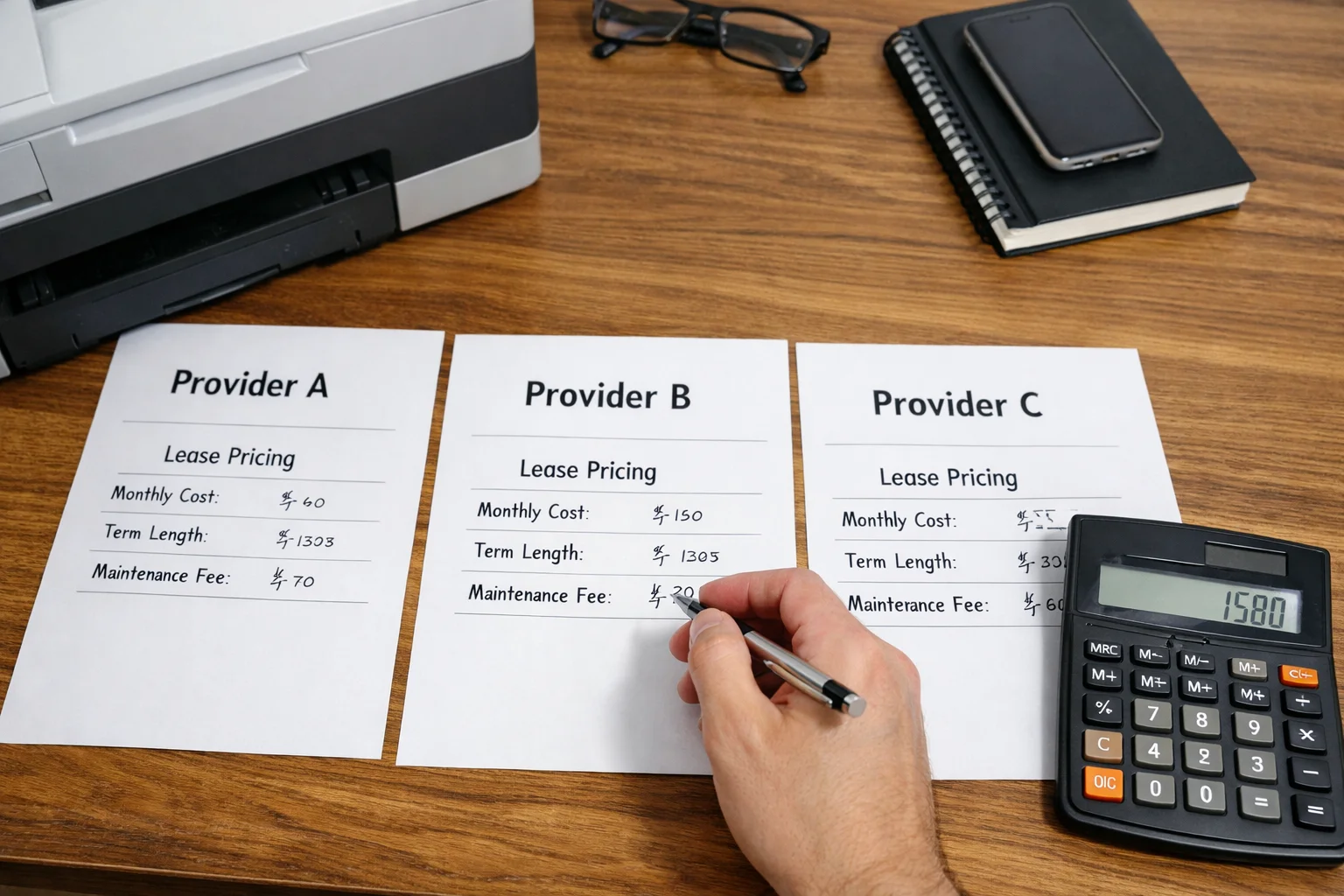 A business professional in Dallas comparing copier lease pricing quotes from three different providers with a calculator and office hardware.