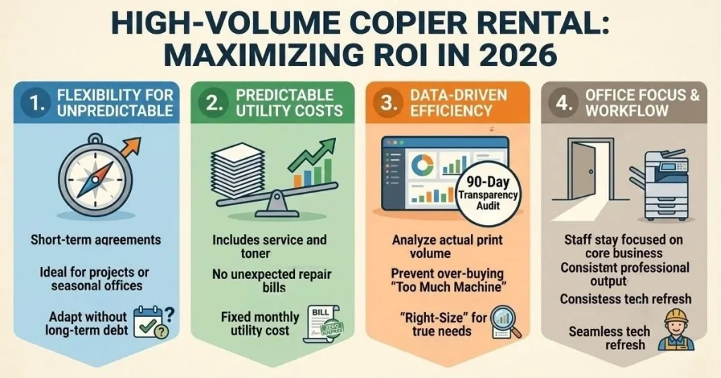 Four-step guide to maximizing ROI and managing Copier Rental Cost in Dallas through 90-day transparency audits and data-driven efficiency.