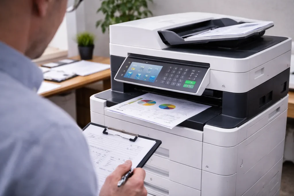 An office worker at 1717 McKinney Avenue reviewing high-quality color charts from enterprise-grade multifunction copiers.