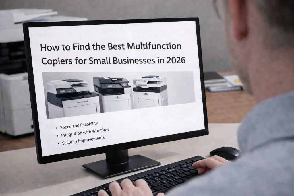 A desktop monitor in Dallas displaying a guide for finding the best multifunction copiers for growing teams.