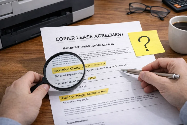A business owner using a magnifying glass to inspect the fine print of Dallas Copier Lease Agreements.