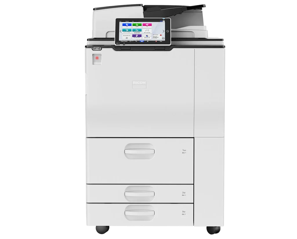 A high-capacity Ricoh multi-function printer available for lease and short-term rental in a Dallas corporate office.