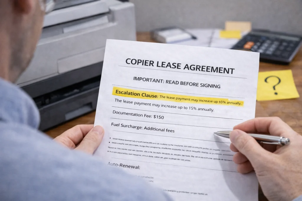 Person reviewing the "Important: Read Before Signing" section of Dallas Copier Lease Agreements.