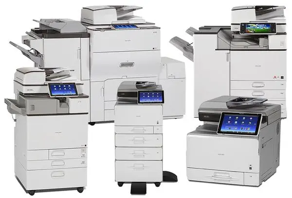 A diverse lineup of Ricoh and Sharp multi-function printers available for lease and short-term rental in Dallas.